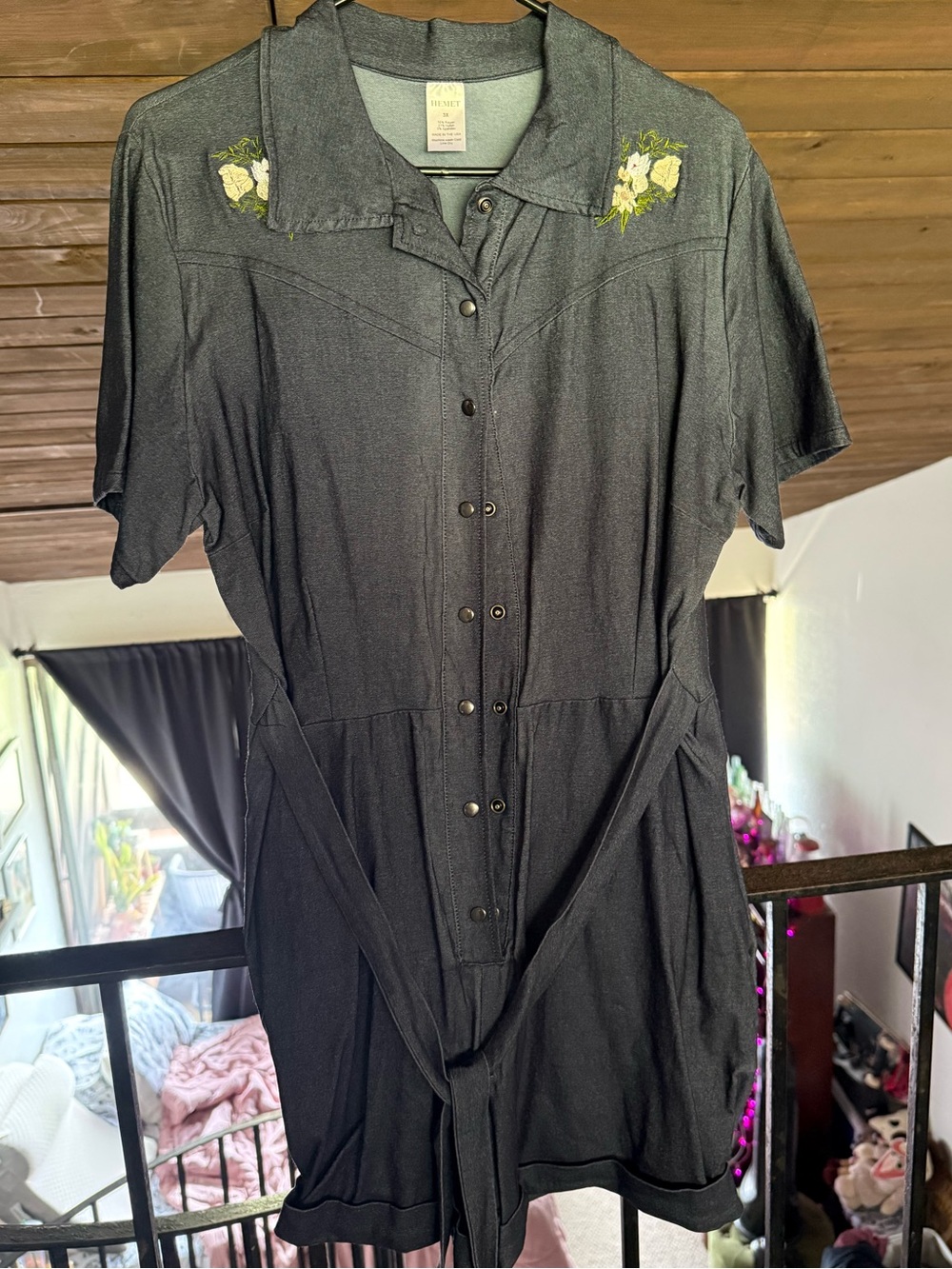 Vintage-Inspired Stretch Denim Romper with Floral Embroidery